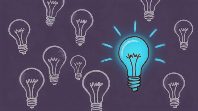 Glowing blue lightbulb animation standing out among simple chalk drawn sketches representing creative ideas and innovation in digital motion footage