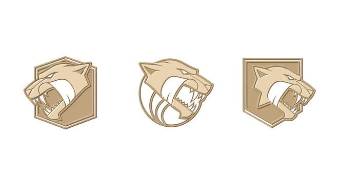 Three golden panther head emblems in different shapes.