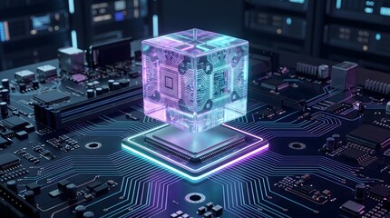 Fototapeta premium Quantum computing processor core. Holographic data cube floating above futuristic motherboard representing artificial intelligence hardware and machine learning infrastructure.