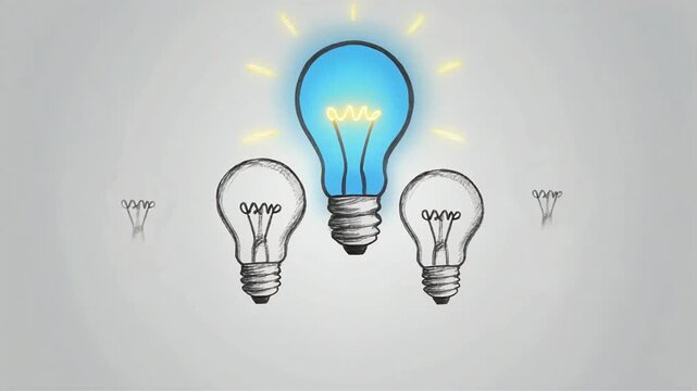 Glowing blue lightbulb animation showing a brilliant idea emerging from a row of simple hand drawn sketches on paper background