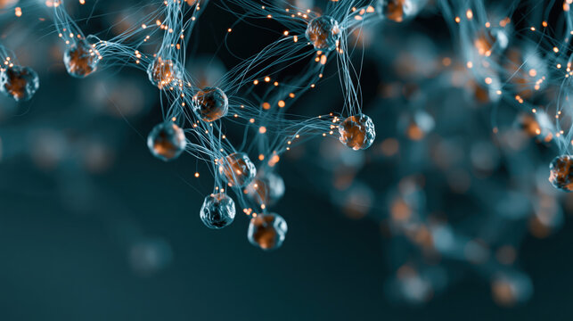 Floating glowing cells connected by light lines on a deep teal background