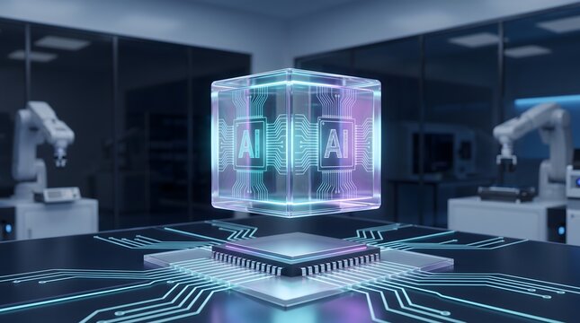 Industrial artificial intelligence automation. Glowing AI holographic cube floating on motherboard in high tech manufacturing laboratory with advanced robotic arms.