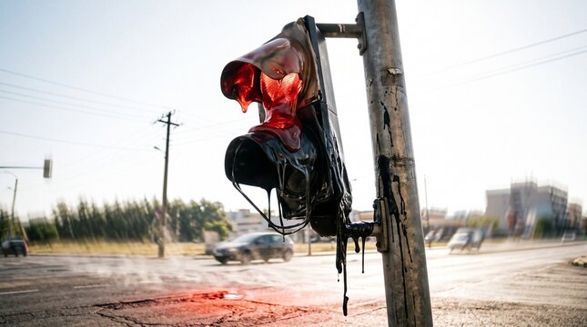 A melted traffic light hangs from a pole on a city street after a fire caused by extreme weather.