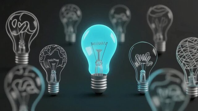 Glowing light bulb illuminating among other sketch style bulbs in this professional 3d digital motion animation video footage sequence