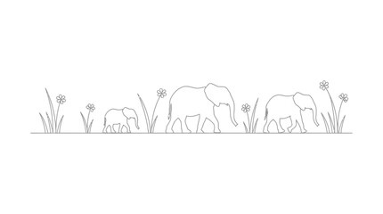 Elephant family with grasses and flowers black line silhouette © GDSafayet03