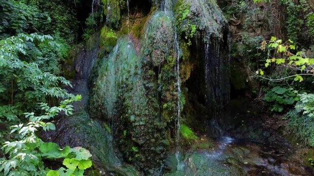 Panning shot of moss covered rock face with thin cascading waterfalls and clear forest stream in dense green woodland