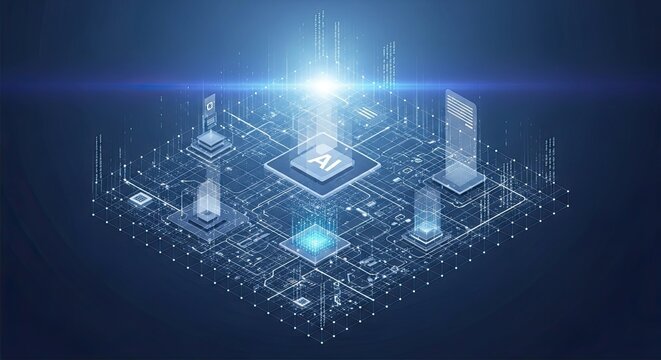 Futuristic digital circuit board with glowing connections representing complex data flow and advanced machine learning processes in a high technology environment