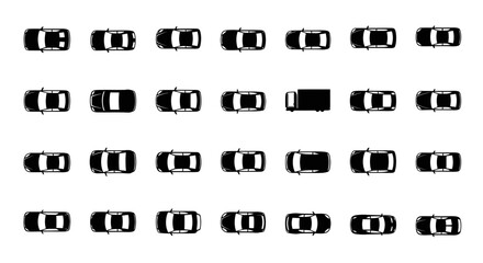 Black car and truck silhouettes in a grid view from above © wowok