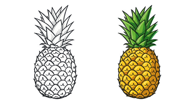 Fresh pineapple fruit sketch and colored drawing side by side