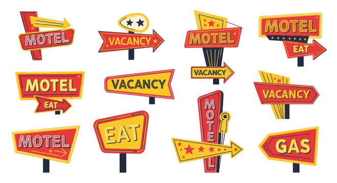 Vintage roadside motel and vacancy signage collection in retro style