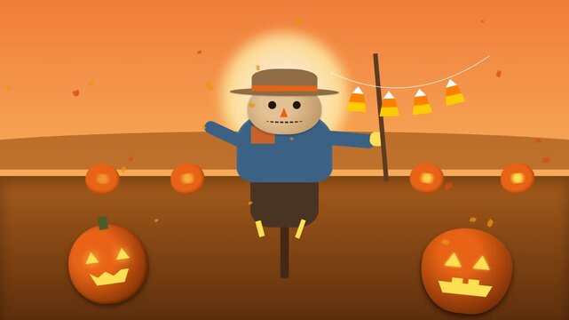 Animated Scarecrow Standing in a Pumpkin Patch During a Beautiful Autumn Sunset.