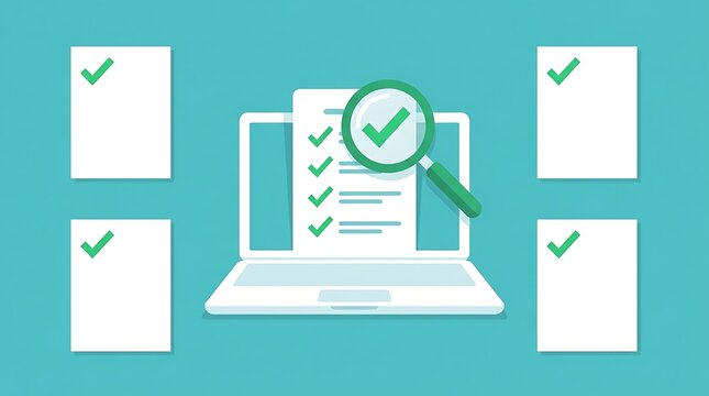 Magnifying glass inspecting approved document on laptop with checkmarks