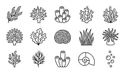 Coral Reef Seaweed and Marine Plants Outline Icons Collection Isolated on White Background Vector Set © Songkari