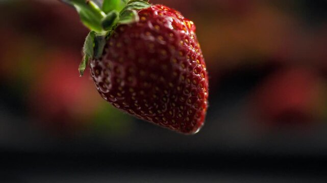 In the macro shot, each grain of a red strawberry is visible, along the surface of which a drop of water slowly flows. Juicy ripe berries theme - detailed texture suitable for background and design