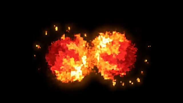 Fiery Pixel Orbs. Two glowing orange and red pixelated spheres on black background. Ideal for sci-fi and digital art.