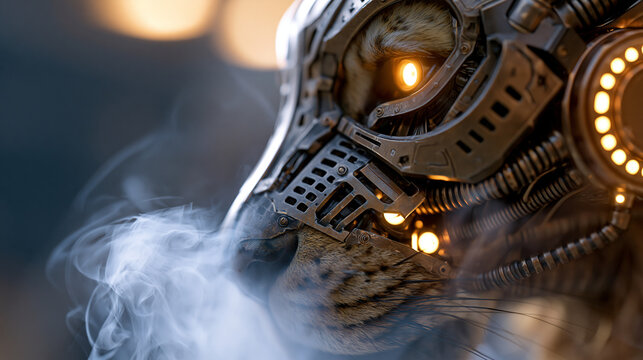 Steampunk mechanical lion head close-up with glowing eyes and atmospheric smoke, retro futurism concept, creative technology photography, blurred dark background, with copy space