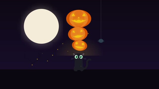 Animated Black Cat Balancing Three Glowing Jack O Lanterns Under A Full Moon.