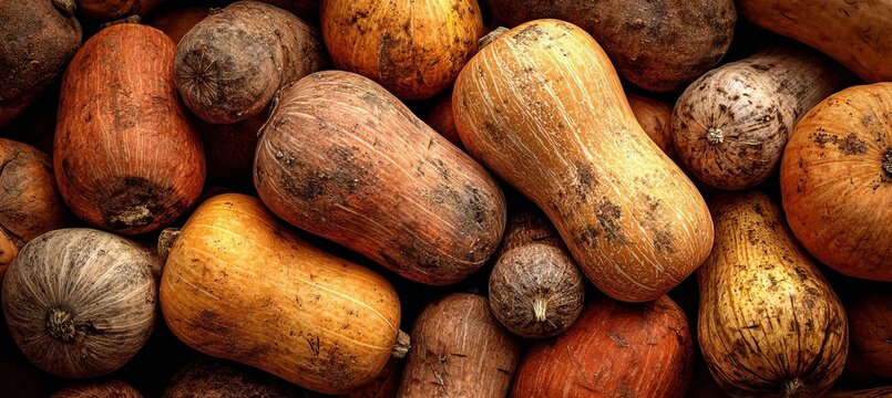 Organic Winter Harvest Close Up A Full Frame Background Showing Assorted Natural Butternut Squash.