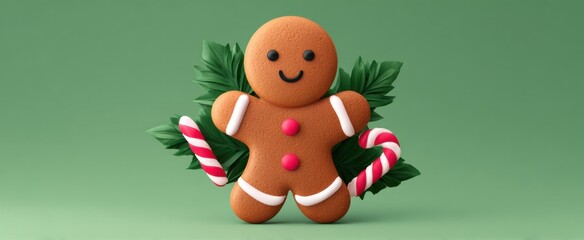 Naklejka premium The cheerful gingerbread cookie sparkles like holiday magic with candy canes and holly leaves.