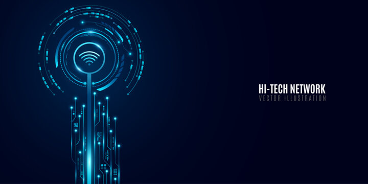 Abstract technology concept featuring a bright cyan light trail connecting to a central WiFi icon surrounded by concentric circles and HUD elements on dark blue background. Wireless network. Vector.