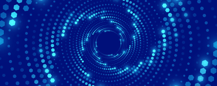 Spiral vortex formed by glowing hexagons on a dark blue background. Futuristic geometric design symbolizing data flow. Modern technology concept for business presentations. Vector illustration.
