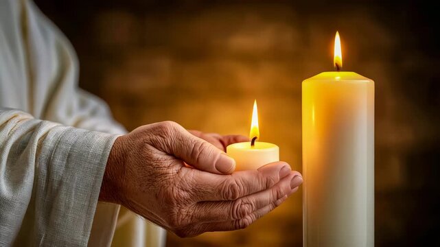 Godfather lighting a baptismal candle from the Paschal candle