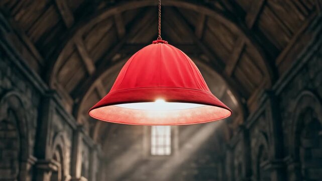 Cardinal's red galero hat hanging from a cathedral ceiling