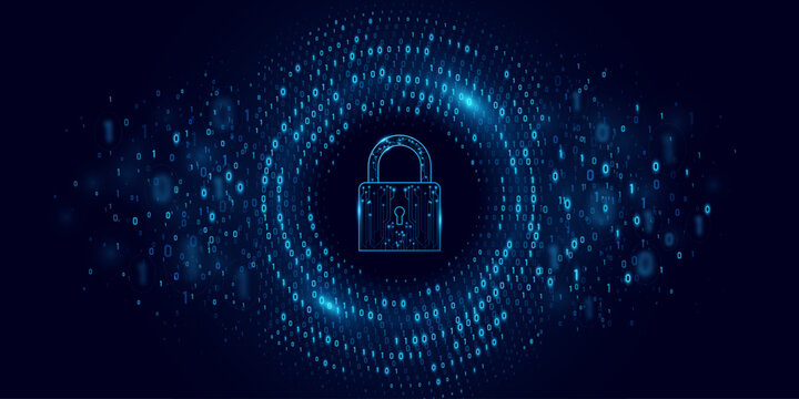 Cybersecurity concept featuring a glowing cyber padlock surrounded by abstract decaying binary code on dark blue background. Secure networks and encryption technology concept. Vector illustration.