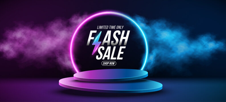 Flash sale podium with a glowing colorful neon ring and fog effect. Two levitating 3d platforms to display your brand product. Design for online promotions. Vector illustration.