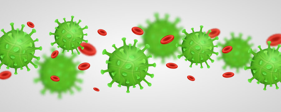 3D green virus particles floating among red blood cells on white background. Medical concept featuring infectious microorganisms. Scientific design for laboratory research presentation. Vector.