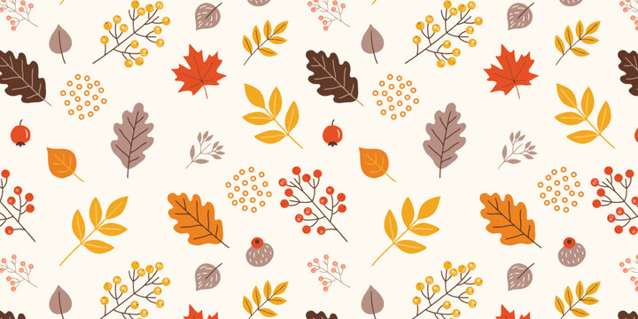 Seamless pattern of autumn foliage, colorful fall leaves vector background for seasonal textile, wallpaper, wrapping paper and surface design
