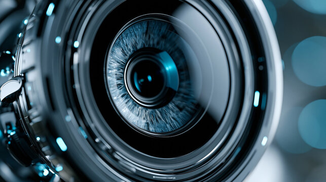 Mechanical eye with camera lens details in futuristic close-up representing machine vision technology, AI perception concept, technology photography, blurred dark background, with