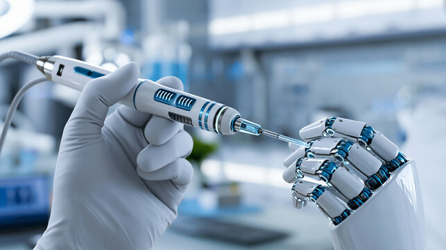 Robotic hand holding futuristic dental cleaning device in sterile laboratory setting, medical robotics concept, healthcare automation photography, blurred lab background, with