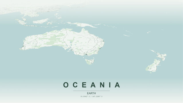 Modern minimalist vector map of Oceania continent. High-quality scalable illustration of Australian and Pacific metropolitan networks for posters design.