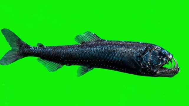 Fish Video of one Viperfish are swimming on the green screen background