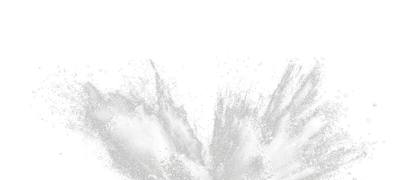 Flying tapioca starch flour explosion with white powder particles falling through the air, isolated on a black background with selective focus and blur.