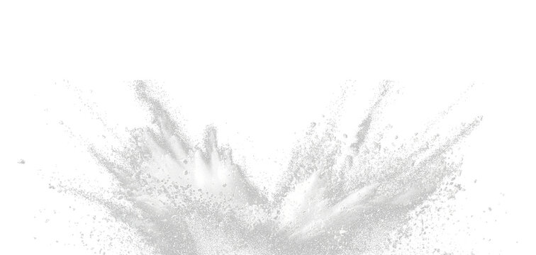 Flying tapioca starch flour explosion with white powder particles falling through the air, isolated on a black background with selective focus and blur.
