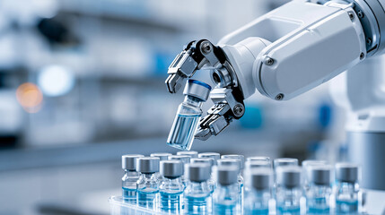Plakat Close-up of white robotic arm with mechanical grippers holding glass medical vial in sterile pharmaceutical laboratory, automated chemical manufacturing concept, laboratory