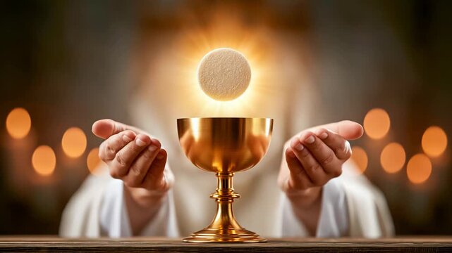 Priest's hands elevating a communion host above a golden chalice
