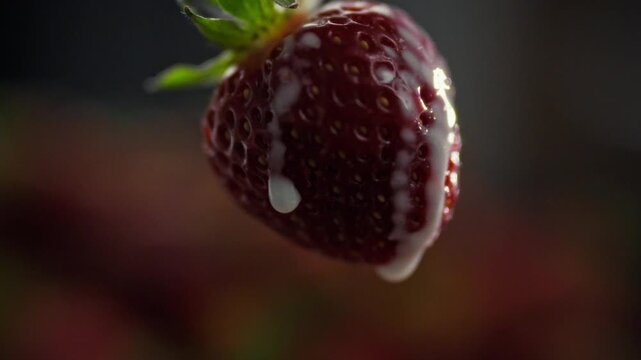 Macro view of ripe red strawberries with white sour cream slowly dripping over them, set against a dark, out-of-focus backdrop of additional red berries, presented as a fresh summer dessert