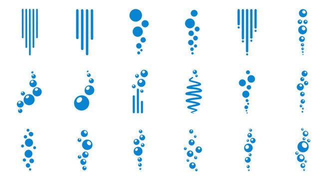 Blue bubble and water stream icons set for liquid movement