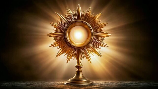 Communion host at the centre of a golden sunburst monstrance