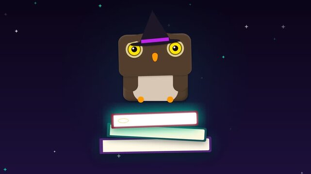 Animated Halloween Owl Character Sitting on Stack of Books in Night Sky.