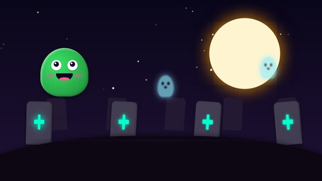 Animated Green Character Floating in a Spooky Graveyard at Night.
