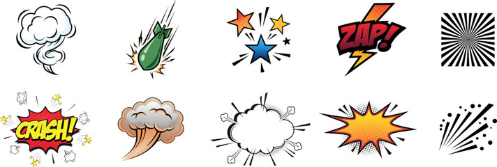 Obraz premium Set of comic effect shape with pop art style. Yellow comic explosion, lightning bolt and sparkle star effect. Surprise, attention and energy effect. Vector illustration isolated on white background.