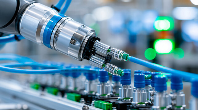 Robotic arm pneumatic tube assembly in automated smart factory close-up of industrial robot gripper manipulating hoses for high-precision manufacturing, automation engineering