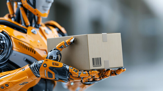 Orange armored AI robot holding cardboard box with detailed mechanical hands in close-up, industrial logistics automation concept, robotics photography, blurred neutral