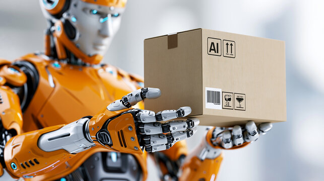 Orange armored AI robot holding cardboard box with detailed mechanical hands in close-up, industrial logistics automation concept, robotics photography, blurred neutral