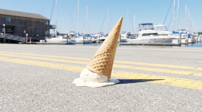 Dropped vanilla ice cream cone melting on asphalt road by a sunny marina