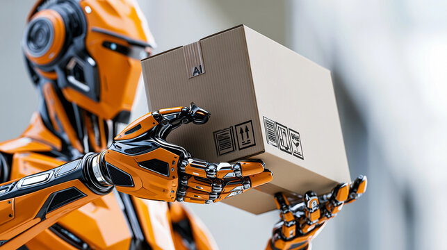 Orange armored AI robot holding cardboard box with detailed mechanical hands in close-up, industrial logistics automation concept, robotics photography, blurred neutral